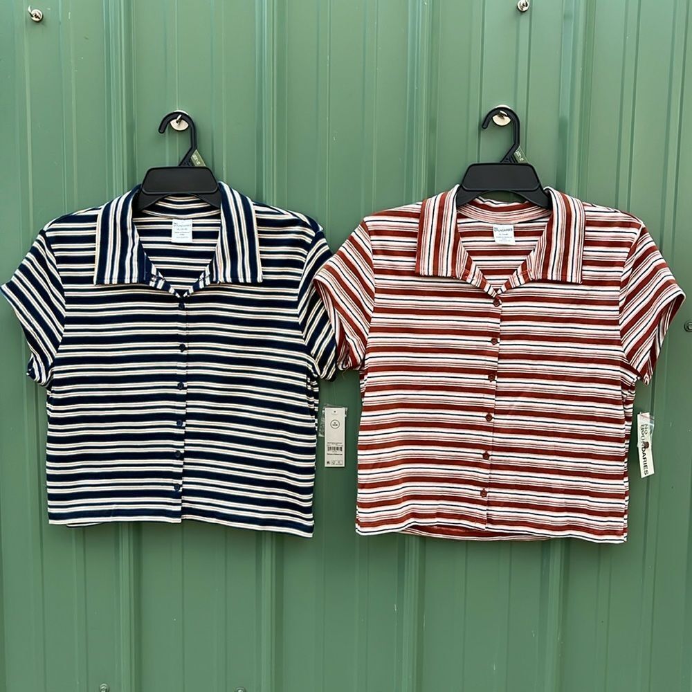 Women’s Button Front Cropped Striped Polo Shirt 2-Pack Size XL